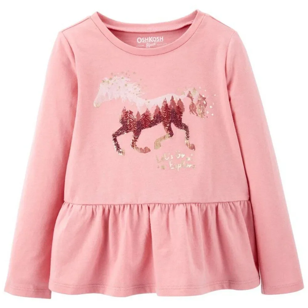 OshKosh Pink Ruffle Horse Let's Explore‎ Long Sleeve Top Shirt 18 Months New